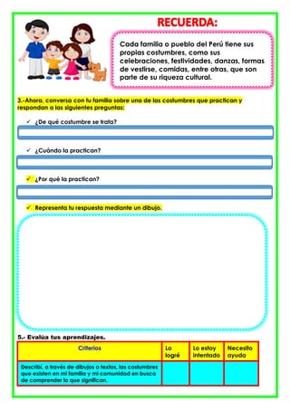 3.-Ahora, conversa con tu familia sobre una de las costumbres que practican y
respondan a las siguientes preguntas:
 ¿De qué costumbre se trata?
 ¿Cuándo la practican?
 ¿Por qué la practican?
 Representa tu respuesta mediante un dibujo.
5.- Evalúa tus aprendizajes.
Criterios Lo
logré
Lo estoy
intentado
Necesito
ayuda
Describí, a través de dibujos o textos, las costumbres
que existen en mi familia y mi comunidad en busca
de comprender lo que significan.
Cada familia o pueblo del Perú tiene sus
propias costumbres, como sus
celebraciones, festividades, danzas, formas
de vestirse, comidas, entre otras, que son
parte de su riqueza cultural.
 