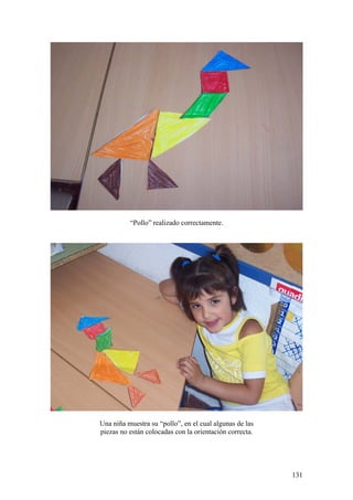 131
“Pollo” realizado correctamente.
Una niña muestra su “pollo”, en el cual algunas de las
piezas no están colocadas con la orientación correcta.
 