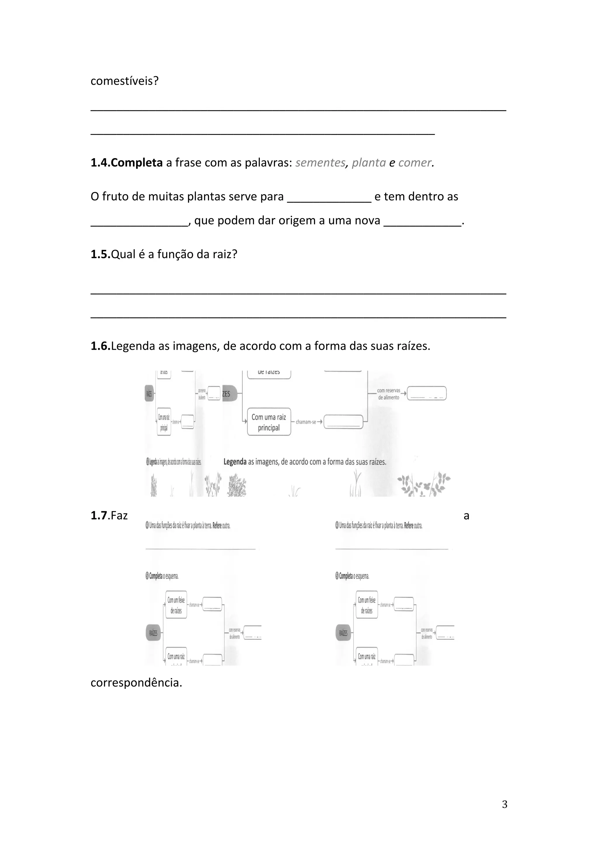 comestíveis?
________________________________________________________________
_____________________________________________________

1.4.Completa a frase com as palavras: sementes, planta e comer.

O fruto de muitas plantas serve para _____________ e tem dentro as
_______________, que podem dar origem a uma nova ____________.

1.5.Qual é a função da raiz?

________________________________________________________________
________________________________________________________________

1.6.Legenda as imagens, de acordo com a forma das suas raízes.




1.7.Faz                                                              a




correspondência.




                                                                         3
 