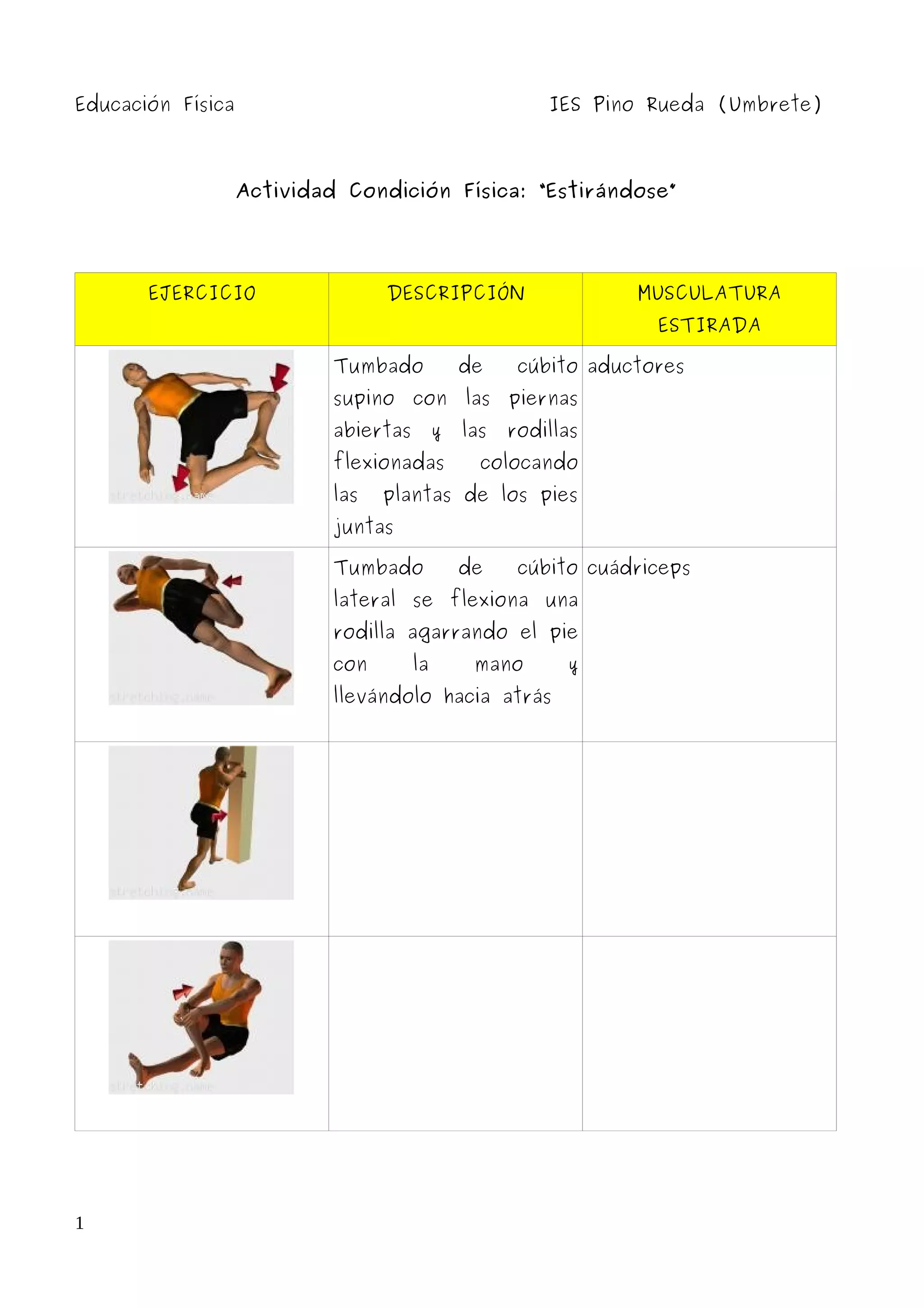 Educación Física
IES Pino Rueda (Umbrete)
Actividad Condición Física: “Estirándose”
EJERCICIO
DESCRIPCIÓN
MUSCULATURA
ESTIRADA
Tumbado
de
cúbito aductores
supino con las piernas
abiertas
y
flexionadas
las
las
rodillas
colocando
plantas de los pies
juntas
Tumbado
de
cúbito cuádriceps
lateral se flexiona una
rodilla agarrando el pie
con
la
mano
llevándolo hacia atrás
1
y