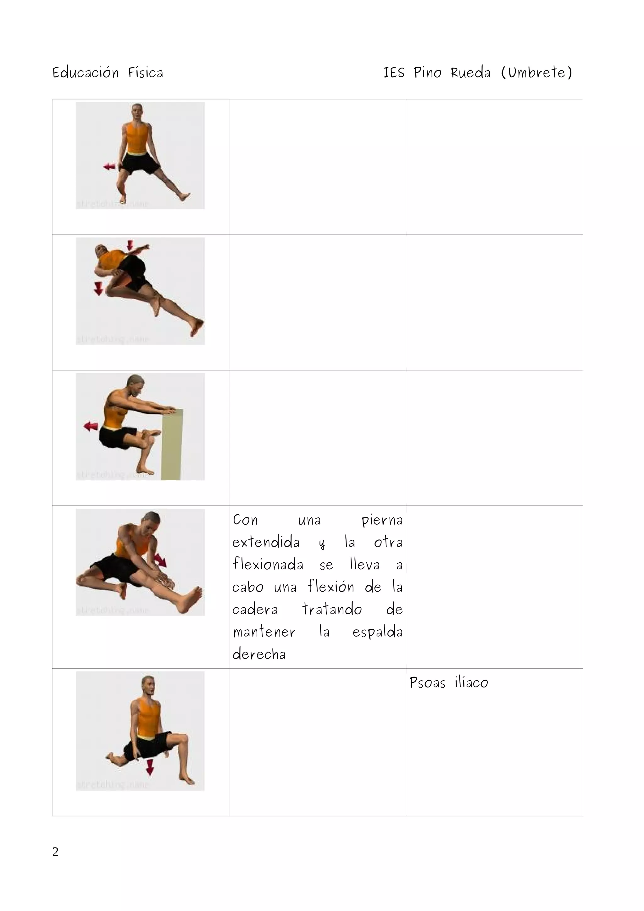 Educación Física
IES Pino Rueda (Umbrete)
Con
una
extendida
y
flexionada
se
pierna
la
otra
lleva
a
cabo una flexión de la
cadera
mantener
tratando
la
de
espalda
derecha
Psoas ilíaco
2