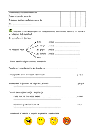 Presentar textos/documentos se me da

Grabar textos orales se me da

Trabajar en la plataforma eTwinning se me da

Otro: ....