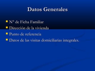 DDaattooss GGeenneerraalleess 
 NN°° ddee FFiicchhaa FFaammiilliiaarr 
 DDiirreecccciióónn ddee llaa vviivviieennddaa 
 PPuunnttoo ddee rreeffeerreenncciiaa 
 DDaattooss ddee llaass vviissiittaass ddoommiicciilliiaarriiaass iinntteeggrraalleess.. 
 