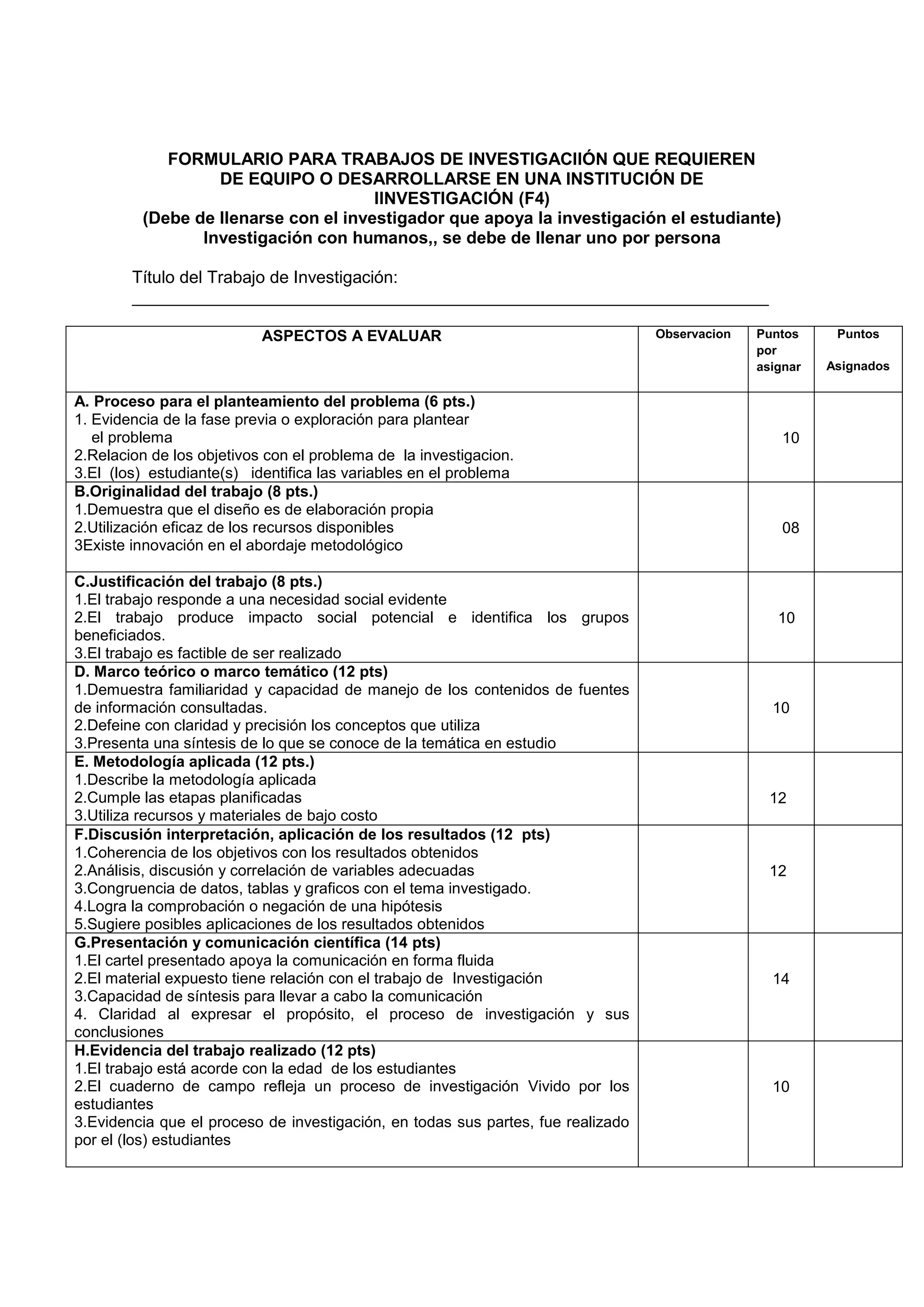 FORMULARIO PARA TRABAJOS DE INVESTIGACIIÓN QUE REQUIEREN
DE EQUIPO O DESARROLLARSE EN UNA INSTITUCIÓN DE
IINVESTIGACIÓN (F4)
(Debe de llenarse con el investigador que apoya la investigación el estudiante)
Investigación con humanos,, se debe de llenar uno por persona
Título del Trabajo de Investigación:
___________________________________________________________________
ASPECTOS A EVALUAR Observacion Puntos
por
asignar
Puntos
Asignados
A. Proceso para el planteamiento del problema (6 pts.)
1. Evidencia de la fase previa o exploración para plantear
el problema
2.Relacion de los objetivos con el problema de la investigacion.
3.El (los) estudiante(s) identifica las variables en el problema
10
B.Originalidad del trabajo (8 pts.)
1.Demuestra que el diseño es de elaboración propia
2.Utilización eficaz de los recursos disponibles
3Existe innovación en el abordaje metodológico
08
C.Justificación del trabajo (8 pts.)
1.El trabajo responde a una necesidad social evidente
2.El trabajo produce impacto social potencial e identifica los grupos
beneficiados.
3.El trabajo es factible de ser realizado
10
D. Marco teórico o marco temático (12 pts)
1.Demuestra familiaridad y capacidad de manejo de los contenidos de fuentes
de información consultadas.
2.Defeine con claridad y precisión los conceptos que utiliza
3.Presenta una síntesis de lo que se conoce de la temática en estudio
10
E. Metodología aplicada (12 pts.)
1.Describe la metodología aplicada
2.Cumple las etapas planificadas
3.Utiliza recursos y materiales de bajo costo
12
F.Discusión interpretación, aplicación de los resultados (12 pts)
1.Coherencia de los objetivos con los resultados obtenidos
2.Análisis, discusión y correlación de variables adecuadas
3.Congruencia de datos, tablas y graficos con el tema investigado.
4.Logra la comprobación o negación de una hipótesis
5.Sugiere posibles aplicaciones de los resultados obtenidos
12
G.Presentación y comunicación científica (14 pts)
1.El cartel presentado apoya la comunicación en forma fluida
2.El material expuesto tiene relación con el trabajo de Investigación
3.Capacidad de síntesis para llevar a cabo la comunicación
4. Claridad al expresar el propósito, el proceso de investigación y sus
conclusiones
14
H.Evidencia del trabajo realizado (12 pts)
1.El trabajo está acorde con la edad de los estudiantes
2.El cuaderno de campo refleja un proceso de investigación Vivido por los
estudiantes
3.Evidencia que el proceso de investigación, en todas sus partes, fue realizado
por el (los) estudiantes
10
 