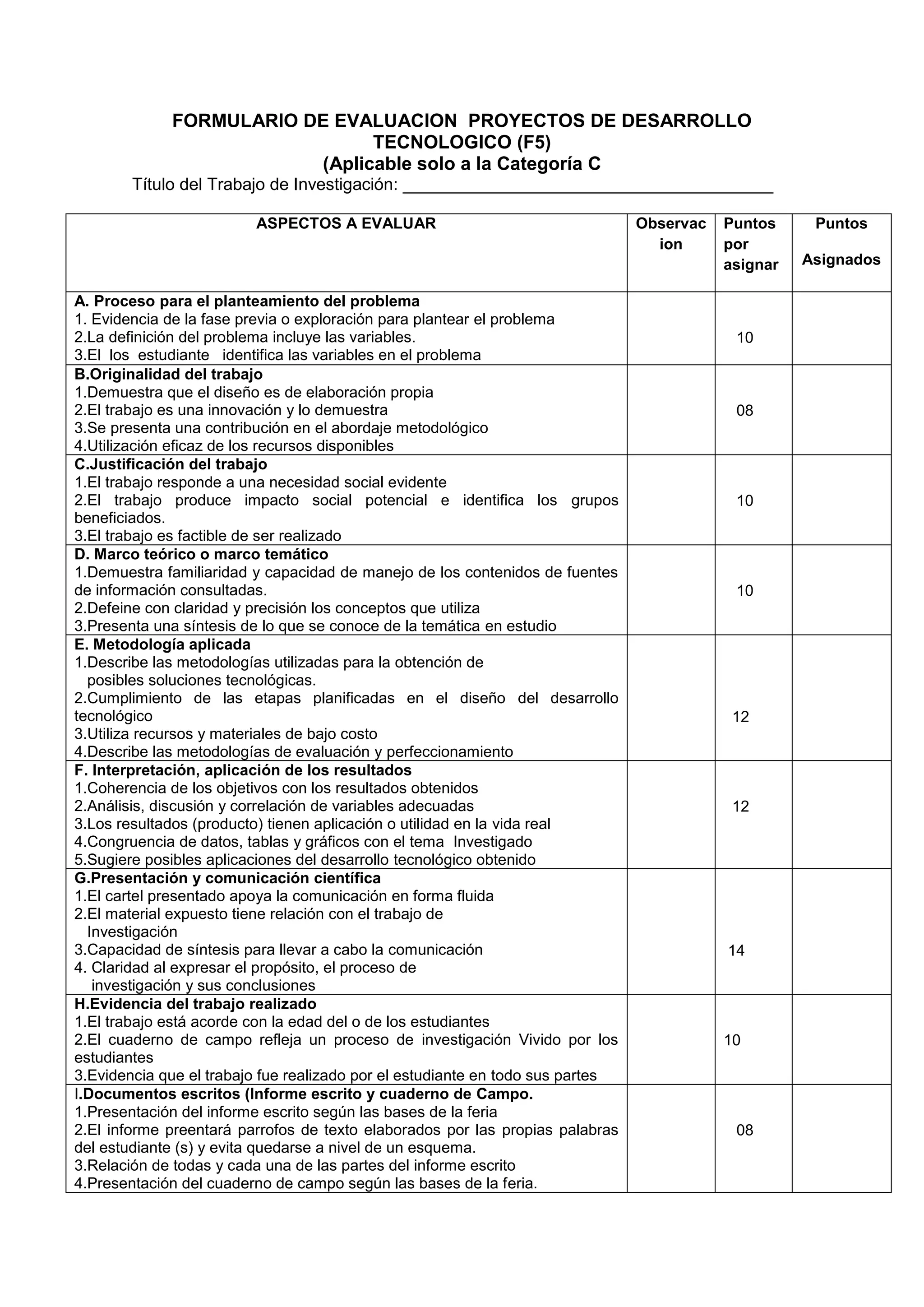 FORMULARIO DE EVALUACION PROYECTOS DE DESARROLLO
TECNOLOGICO (F5)
(Aplicable solo a la Categoría C
Título del Trabajo de Investigación: _______________________________________
ASPECTOS A EVALUAR Observac
ion
Puntos
por
asignar
Puntos
Asignados
A. Proceso para el planteamiento del problema
1. Evidencia de la fase previa o exploración para plantear el problema
2.La definición del problema incluye las variables.
3.El los estudiante identifica las variables en el problema
10
B.Originalidad del trabajo
1.Demuestra que el diseño es de elaboración propia
2.El trabajo es una innovación y lo demuestra
3.Se presenta una contribución en el abordaje metodológico
4.Utilización eficaz de los recursos disponibles
08
C.Justificación del trabajo
1.El trabajo responde a una necesidad social evidente
2.El trabajo produce impacto social potencial e identifica los grupos
beneficiados.
3.El trabajo es factible de ser realizado
10
D. Marco teórico o marco temático
1.Demuestra familiaridad y capacidad de manejo de los contenidos de fuentes
de información consultadas.
2.Defeine con claridad y precisión los conceptos que utiliza
3.Presenta una síntesis de lo que se conoce de la temática en estudio
10
E. Metodología aplicada
1.Describe las metodologías utilizadas para la obtención de
posibles soluciones tecnológicas.
2.Cumplimiento de las etapas planificadas en el diseño del desarrollo
tecnológico
3.Utiliza recursos y materiales de bajo costo
4.Describe las metodologías de evaluación y perfeccionamiento
12
F. Interpretación, aplicación de los resultados
1.Coherencia de los objetivos con los resultados obtenidos
2.Análisis, discusión y correlación de variables adecuadas
3.Los resultados (producto) tienen aplicación o utilidad en la vida real
4.Congruencia de datos, tablas y gráficos con el tema Investigado
5.Sugiere posibles aplicaciones del desarrollo tecnológico obtenido
12
G.Presentación y comunicación científica
1.El cartel presentado apoya la comunicación en forma fluida
2.El material expuesto tiene relación con el trabajo de
Investigación
3.Capacidad de síntesis para llevar a cabo la comunicación
4. Claridad al expresar el propósito, el proceso de
investigación y sus conclusiones
14
H.Evidencia del trabajo realizado
1.El trabajo está acorde con la edad del o de los estudiantes
2.El cuaderno de campo refleja un proceso de investigación Vivido por los
estudiantes
3.Evidencia que el trabajo fue realizado por el estudiante en todo sus partes
10
I.Documentos escritos (Informe escrito y cuaderno de Campo.
1.Presentación del informe escrito según las bases de la feria
2.El informe preentará parrofos de texto elaborados por las propias palabras
del estudiante (s) y evita quedarse a nivel de un esquema.
3.Relación de todas y cada una de las partes del informe escrito
4.Presentación del cuaderno de campo según las bases de la feria.
08
 