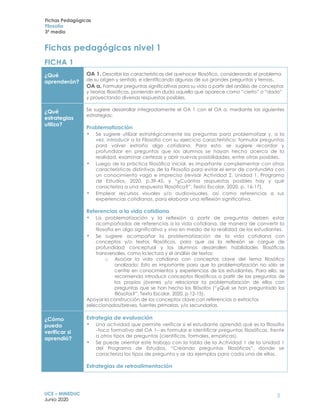 Fichas Pedagógicas
Filosofía
3º medio
UCE – MINEDUC
Junio 2020
3
Fichas pedagógicas nivel 1
FICHA 1
¿Qué
aprenderán?
OA 1. Describir las características del quehacer filosófico, considerando el problema
de su origen y sentido, e identificando algunas de sus grandes preguntas y temas.
OA a. Formular preguntas significativas para su vida a partir del análisis de conceptos
y teorías filosóficas, poniendo en duda aquello que aparece como “cierto” o “dado”
y proyectando diversas respuestas posibles.
¿Qué
estrategias
utilizo?
Se sugiere desarrollar integradamente el OA 1 con el OA a, mediante las siguientes
estrategias:
Problematización
• Se sugiere utilizar estratégicamente las preguntas para problematizar y, a la
vez, introducir a la Filosofía con su ejercicio característico: formular preguntas
para volver extraño algo cotidiano. Para esto, se sugiere recordar y
profundizar en preguntas que los alumnos se hayan hecho acerca de la
realidad, examinar certezas y abrir nuevas posibilidades, entre otras posibles.
• Luego de la práctica filosófica inicial, es importante complementar con otras
características distintivas de la Filosofía para evitar el error de confundirla con
un conocimiento vago e impreciso (revisar Actividad 2, Unidad 1, Programa
de Estudios, 2020, p.39-45, y “¿Cuántas respuestas posibles hay y qué
caracteriza a una respuesta filosófica?”, Texto Escolar, 2020, p. 16-17).
• Emplear recursos visuales y/o audiovisuales, así como referencias a sus
experiencias cotidianas, para elaborar una reflexión significativa.
Referencias a la vida cotidiana
• La problematización y la reflexión a partir de preguntas deben estar
acompañadas de referencias a la vida cotidiana, de manera de convertir la
filosofía en algo significativo y vivo en medio de la realidad de los estudiantes.
• Se sugiere acompañar la problematización de la vida cotidiana con
conceptos y/o textos filosóficos, para que así la reflexión se cargue de
profundidad conceptual y los alumnos desarrollen habilidades filosóficas
transversales, como la lectura y el análisis de textos:
o Asociar la vida cotidiana con conceptos clave del tema filosófico
analizado: Esto es importante para que la problematización no sólo se
centre en conocimientos y experiencias de los estudiantes. Para ello, se
recomienda introducir conceptos filosóficos a partir de las preguntas de
los propios jóvenes y/o relacionar la problematización de ellos con
preguntas que se han hecho los filósofos (“¿Qué se han preguntado los
filósofos?”, Texto Escolar, 2020, p.12-15).
Apoyar la construcción de los conceptos clave con referencias a extractos
seleccionados/breves, fuentes primarias, y/o secundarias.
¿Cómo
puedo
verificar si
aprendió?
Estrategia de evaluación
• Una actividad que permite verificar si el estudiante aprendió qué es la filosofía
–foco formativo del OA 1– es formular e identificar preguntas filosóficas, frente
a otros tipos de preguntas (científicas, formales, empíricas).
• Se puede orientar este trabajo con la tabla de la Actividad 1 de la Unidad 1
del Programa de Estudios, “Creando preguntas filosóficas”, donde se
caracteriza los tipos de pregunta y se da ejemplos para cada una de ellas.
Estrategias de retroalimentación
 