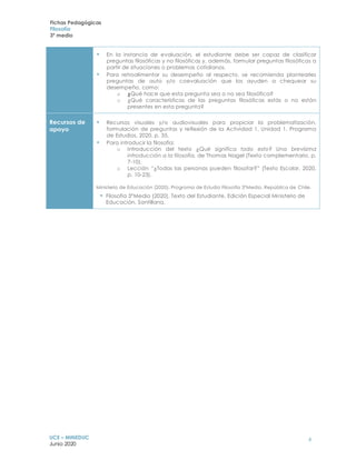 Fichas Pedagógicas
Filosofía
3º medio
UCE – MINEDUC
Junio 2020
4
• En la instancia de evaluación, el estudiante debe ser capaz de clasificar
preguntas filosóficas y no filosóficas y, además, formular preguntas filosóficas a
partir de situaciones o problemas cotidianos.
• Para retroalimentar su desempeño al respecto, se recomienda plantearles
preguntas de auto y/o coevaluación que los ayuden a chequear su
desempeño, como:
o ¿Qué hace que esta pregunta sea o no sea filosófica?
o ¿Qué características de las preguntas filosóficas estás o no están
presentes en esta pregunta?
Recursos de
apoyo
• Recursos visuales y/o audiovisuales para propiciar la problematización,
formulación de preguntas y reflexión de la Actividad 1, Unidad 1, Programa
de Estudios, 2020, p. 35.
• Para introducir la filosofía:
o Introducción del texto ¿Qué significa todo esto? Una brevísima
introducción a la filosofía, de Thomas Nagel (Texto complementario, p.
7-10).
o Lección “¿Todas las personas pueden filosofar?” (Texto Escolar, 2020,
p. 10-23).
Ministerio de Educación (2020), Programa de Estudio Filosofía 3°Medio. República de Chile.
• Filosofía 3°Medio (2020), Texto del Estudiante, Edición Especial Ministerio de
Educación. Santillana.
 