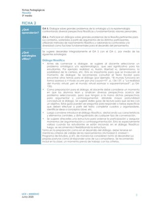 Fichas Pedagógicas
Filosofía
3º medio
UCE – MINEDUC
Junio 2020
5
FICHA 2
¿Qué
aprenderán?
OA 5. Dialogar sobre grandes problemas de la ontología y/o la epistemología,
confrontando diversas perspectivas filosóficas y fundamentando visiones personales.
OA c. Participar en diálogos sobre grandes problemas de la filosofía pertinentes para
sus contextos, sostenidos a partir de argumentos de los distintos participantes,
utilizando métodos de razonamiento filosófico y valorando la controversia y la
diversidad como factores fundamentales para el desarrollo del pensamiento.
¿Qué
estrategias
utilizo?
Se sugiere desarrollar integradamente el OA 5 con el OA c, por medio de las
siguientes estrategias:
Diálogo filosófico
• Antes de comenzar a dialogar, se sugiere al docente seleccionar un
problema ontológico y/o epistemológico, que sea significativo para los
estudiantes. Por ejemplo: realidad vs. ilusión, libertad vs. determinismo, la
posibilidad de la certeza, etc. Esto es importante para que se involucren al
momento de dialogar. Se recomienda consultar el Texto Escolar para
encontrar otros temas para el diálogo (por ejemplo, “El mundo funciona en
forma azarosa o <<todo ocurre por una causa>>?”, p. 136-137, y “La realidad
del mundo virtual: ¿en el mundo virtual «somos» o «aparentamos»?”, p.134-
135).
• Como preparación para el diálogo, el docente debe considerar un momento
en que los alumnos lean y analicen diversas perspectivas acerca del
problema seleccionado, para que tengan a la mano dichas perspectivas
para argumentar y contraargumentar, dándole mayor profundidad
conceptual al diálogo. Se sugiere darles guías de lectura para que así lea con
un objetivo. Estas guías pueden ser preguntas para responder o tareas específicas
que deben efectuar a partir del texto: completar cuadros u organizadores,
identificar ideas o conceptos clave, etc.
• Luego conviene introducir el diálogo filosófico, destacando sus características
y elementos centrales, y distinguiéndolo de cualquier tipo de conversación.
• Se sugiere ofrecerles una estructura para ordenar la participación y asegurar
momentos de argumentación y contraargumentación. Esto es especialmente
valioso cuando los estudiantes se están iniciando en el diálogo filosófico;
luego, se recomienda ir flexibilizando la estructura.
Tanto en la preparación como en el desarrollo del diálogo, debe tenerse en
mente los criterios de validez de los razonamientos (Actividad 3, Unidad 1,
Programa de Estudios, p.47), de manera los consideren tanto al desarrollar sus
propias posturas como al responder a las de sus compañeros. Se recomienda
incluir en la clase, un momento previo de trabajo con los criterios.
 