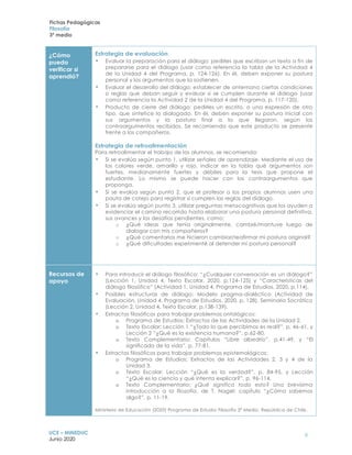 Fichas Pedagógicas
Filosofía
3º medio
UCE – MINEDUC
Junio 2020
6
¿Cómo
puedo
verificar si
aprendió?
Estrategia de evaluación
• Evaluar la preparación para el diálogo: pedirles que escriban un texto a fin de
prepararse para el diálogo (usar como referencia la tabla de la Actividad 4
de la Unidad 4 del Programa, p. 124-126). En él, deben exponer su postura
personal y los argumentos que la sostienen.
• Evaluar el desarrollo del diálogo: establecer de antemano ciertas condiciones
o reglas que deban seguir y evaluar si se cumplen durante el diálogo (usar
como referencia la Actividad 2 de la Unidad 4 del Programa, p. 117-120).
• Producto de cierre del diálogo: pedirles un escrito, o una expresión de otro
tipo, que sintetice lo dialogado. En él, deben exponer su postura inicial con
sus argumentos y la postura final a la que llegaron, según los
contraargumentos recibidos. Se recomienda que este producto se presente
frente a los compañeros.
Estrategia de retroalimentación
Para retroalimentar el trabajo de los alumnos, se recomienda:
• Si se evalúa según punto 1, utilizar señales de aprendizaje. Mediante el uso de
los colores verde, amarillo y rojo, indicar en la tabla qué argumentos son
fuertes, medianamente fuertes y débiles para la tesis que propone el
estudiante. Lo mismo se puede hacer con los contraargumentos que
proponga.
• Si se evalúa según punto 2, que el profesor o los propios alumnos usen una
pauta de cotejo para registrar si cumplen las reglas del diálogo.
• Si se evalúa según punto 3, utilizar preguntas metacognitivas que los ayuden a
evidenciar el camino recorrido hasta elaborar una postura personal definitiva,
sus avances y los desafíos pendientes, como:
o ¿Qué ideas que tenía originalmente, cambié/mantuve luego de
dialogar con mis compañeros?
o ¿Qué comentarios me hicieron cambiar/reafirmar mi postura original?
o ¿Qué dificultades experimenté al defender mi postura personal?
Recursos de
apoyo
• Para introducir el diálogo filosófico: “¿Cualquier conversación es un diálogo?”
(Lección 1, Unidad 4, Texto Escolar, 2020, p.124-125) y “Características del
diálogo filosófico” (Actividad 1, Unidad 4, Programa de Estudios, 2020, p.114).
• Posibles estructuras de diálogo: Modelo pragma-dialéctico (Actividad de
Evaluación, Unidad 4, Programa de Estudios, 2020, p. 128), Seminario Socrático
(Lección 2, Unidad 4, Texto Escolar, p.138-139).
• Extractos filosóficos para trabajar problemas ontológicos:
o Programa de Estudios: Extractos de las Actividades de la Unidad 2.
o Texto Escolar: Lección 1 “¿Todo lo que percibimos es real?”, p. 46-61, y
Lección 2 “¿Qué es la existencia humana?”, p.62-80.
o Texto Complementario: Capítulos “Libre albedrío”, p.41-49, y “El
significado de la vida”, p. 77-81.
• Extractos filosóficos para trabajar problemas epistemológicos:
o Programa de Estudios: Extractos de las Actividades 2, 3 y 4 de la
Unidad 3.
o Texto Escolar: Lección “¿Qué es la verdad?”, p. 84-95, y Lección
“¿Qué es la ciencia y qué intenta explicar?”, p. 96-114.
o Texto Complementario: ¿Qué significa todo esto? Una brevísima
introducción a la filosofía, de T. Nagel: capítulo “¿Cómo sabemos
algo?”, p. 11-19.
Ministerio de Educación (2020) Programa de Estudio Filosofía 3° Medio. República de Chile.
 