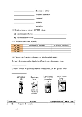 ______________________ dezenas de milhar
______________________ unidades de milhar
______________________ centenas
______________________ dezenas
______________________ unidades
13. Relativamente ao número 597 384, indica:
a) a classe dos milhares: ____________________________________
b) a classe das unidades: ___________________________________
14. Completa conforme o exemplo.
60 000 Sessenta mil unidades 6 dezenas de milhar
70 000
80 000
90 000
15. Escreve os números obedecendo às seguintes indicações:
O maior número de quatro algarismos diferentes, um dos quais é zero.
________________
O menor número de quatro algarismos consecutivos, um dos quais é cinco.
________________
Quantidade Material Preço por unidade Preço Total
15 Conjuntos de borrachas
4
 