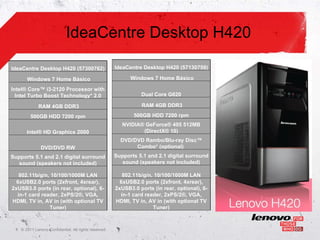 IdeaCentre Desktop H420 IdeaCentre Desktop H420 (57300762) Windows 7 Home Básico Intel® Core™ i3-2120 Processor with Intel Turbo Boost Technology* 2.0 RAM 4GB DDR3 500GB HDD 7200 rpm Intel® HD Graphics 2000 DVD/DVD RW Supports 5.1 and 2.1 digital surround sound (speakers not included) 802.11b/g/n, 10/100/1000M LAN 6xUSB2.0 ports (2xfront, 4xrear), 2xUSB3.0 ports (in rear, optional), 6-in-1 card reader, 2xPS/2®, VGA, HDMI, TV in, AV in (with optional TV Tuner) IdeaCentre Desktop H420 (57130759) Windows 7 Home Básico Dua l Core G620 RAM 4GB DDR3 500GB HDD 7200 rpm NVIDIA® GeForce® 405 512MB (DirectX® 10) DVD/DVD Rambo/Blu-ray Disc™ Combo* (optional)  Supports 5.1 and 2.1 digital surround sound (speakers not included) 802.11b/g/n, 10/100/1000M LAN 6xUSB2.0 ports (2xfront, 4xrear), 2xUSB3.0 ports (in rear, optional), 6-in-1 card reader, 2xPS/2®, VGA, HDMI, TV in, AV in (with optional TV Tuner) 