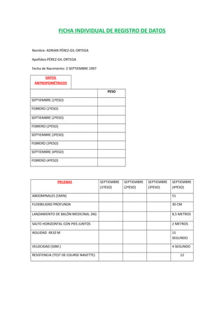 FICHA INDIVIDUAL DE REGISTRO DE DATOS
Nombre: ADRIAN PÉREZ-GIL ORTEGA
Apellidos:PÉREZ-GIL ORTEGA
Fecha de Nacimiento: 2 SEPTIEMBRE 1997
DATOS
ANTROPOMÉTRICOS
PESO
SEPTIEMBRE (1ºESO)
FEBRERO (1ºESO)
SEPTIEMBRE (2ºESO)
FEBRERO (2ºESO)
SEPTIEMBRE (3ºESO)
FEBRERO (3ºESO)
SEPTIEMBRE (4ºESO)
FEBRERO (4ºESO)

PRUEBAS

SEPTIEMBRE
(1ºESO)

SEPTIEMBRE
(2ºESO)

SEPTIEMBRE
(3ºESO)

SEPTIEMBRE
(4ºESO)

ABDOMINALES (1MIN)

51

FLEXIBILIDAD PROFUNDA

30 CM

LANZAMIENTO DE BALÓN MEDICINAL 2KG

8,5 METROS

SALTO HORIZONTAL CON PIES JUNTOS

2 METROS

AGILIDAD 4X10 M

11
SEGUNDO

VELOCIDAD (50M.)

4 SEGUNDO

RESISTENCIA (TEST DE COURSE NAVETTE)

12

 