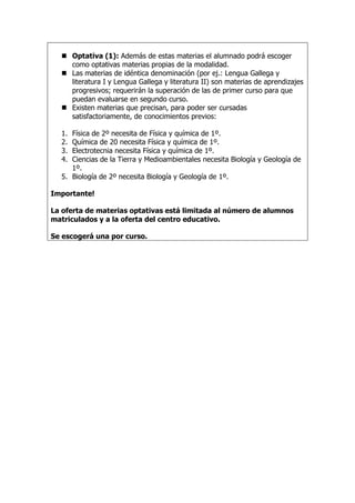  Optativa (1): Además de estas materias el alumnado podrá escoger
    como optativas materias propias de la modalidad.
   Las materias de idéntica denominación (por ej.: Lengua Gallega y
    literatura I y Lengua Gallega y literatura II) son materias de aprendizajes
    progresivos; requerirán la superación de las de primer curso para que
    puedan evaluarse en segundo curso.
   Existen materias que precisan, para poder ser cursadas
    satisfactoriamente, de conocimientos previos:

  1. Física de 2º necesita de Física y química de 1º.
  2. Química de 20 necesita Física y química de 1º.
  3. Electrotecnia necesita Física y química de 1º.
  4. Ciencias de la Tierra y Medioambientales necesita Biología y Geología de
     1º.
  5. Biología de 2º necesita Biología y Geología de 1º.

Importante!

La oferta de materias optativas está limitada al número de alumnos
matriculados y a la oferta del centro educativo.

Se escogerá una por curso.
 