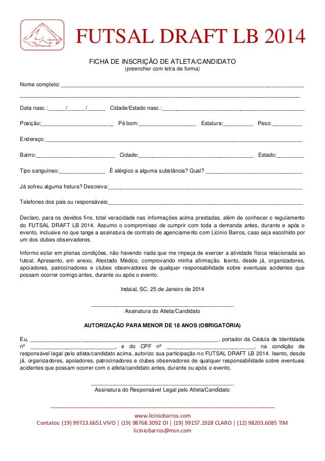 Ficha de Inscrição Futsal Draft LB 2014