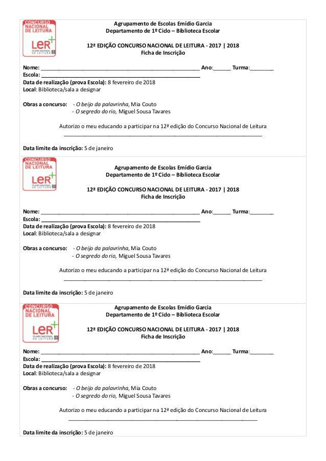 Agrupamento de Escolas Emídio Garcia
Departamento de 1º Ciclo – Biblioteca Escolar
12ª EDIÇÃO CONCURSO NACIONAL DE LEITURA...