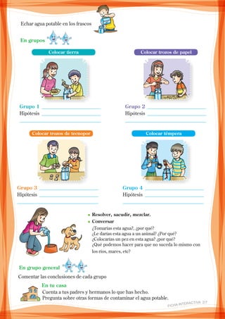 En grupos
Echar agua potable en los frascos
Grupo 1 _________________________
Hipótesis_ ________________________
_________________________________
Colocar tierra
Grupo 2 _________________________
Hipótesis_ ________________________
_________________________________
Colocar trozos de papel
Grupo 3 _________________________
Hipótesis_ ________________________
_________________________________
Colocar trozos de tecnopor
Grupo 4 _________________________
Hipótesis_ ________________________
_________________________________
Colocar témpera
n	Resolver, sacudir, mezclar.
n	Conversar
	 ¿Tomarías esta agua?, ¿por qué?
	 ¿Le darías esta agua a un animal? ¿Por qué?
	 ¿Colocarías un pez en esta agua? ¿por qué?
	 ¿Qué podemos hacer para que no suceda lo mismo con
los ríos, mares, etc?
En grupo general
Comentar las conclusiones de cada grupo
En tu casa
Cuenta a tus padres y hermanos lo que has hecho.
Pregunta sobre otras formas de contaminar el agua potable.
FICHA INteractiva 2/7 
 