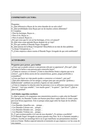 COMPRENSIÓN LECTORA
Preguntas:
1. ¿Qué diferencia a Rayas de los otros duendes de un solo color?
2. ¿Qué posibilidades tiene Rayas por ser de muchos colores diferentes?
3. Completa:
- Para las hormigas, Rayas es…
- Para el río, Rayas es…
- Para el caracol, Rayas es…
¿Por qué crees que lo ven así las hormigas, el río y el caracol?
4. ¿Qué otras cosas aprende Rayas después de su viaje?
5. ¿Por qué cambia el Duende Negro Arrugado?
6. ¿Qué piensas de la Bruja Vitriopirola? Descríbela en no más de diez palabras:
“La bruja Vitriopirola es…”.
7. ¿Cómo empieza a darse cuenta el Duende Negro Arrugado de que está cambiando?
ACTIVIDADES
Preguntas para pensar, para hablar
-¿Crees que se puede conocer a una persona sólo por su apariencia? ¿Por qué? ¿Qué
preguntas le harías a una persona para conocerla mejor?
-¿Cuánto te conoces a ti mismo? ¿Cómo te describirías frente a alguien que no te
conoce?, ¿qué le dirías acerca de tus características, gustos, juegos preferidos y
costumbres?
-¿Crees que hacer un viaje puede ayudar a conocerse a sí mismo?, ¿por qué?
-¿Qué plan elaborarías con tus amigas y amigos para que una persona “gruñona y
malhumorada” cambiara esa actitud y lograra ser más amable?
-¿Cómo te imaginas la relación entre las personas si no se utilizaran expresiones como:
“gracias”, “eres muy amable”, “con mucho gusto”, “te quiero”, “por favor”? ¿Qué es
para ti la gratitud?
Actividades sugeridas escritura:
1. ¿Qué te parece si le asignamos una característica positiva a cada color de Duende?
Por ejemplo, los Duendes Verdes son buenos para hacer soplar fuerte el viento o para
provocar brisas juguetonas. Esto es porque aman jugar entre las hojas de los árboles.
Continua:
- Los Duendes Amarillos son… porque…
- Los Duendes Celestes son… porque…
- Los Duendes Dorados son… porque…
- Los Duendes Violetas son… porque…
2. ¿Y qué aventura podría vivir uno de esos duendes? ¿Te animas a escribirla?
3. El Duende Negro Arrugado no parece pasarlo muy bien. Se le ve bastante enojado y
solitario. Escribe un monólogo breve en el que manifieste sus pensamientos mientras
está en el henar. Dedica especial atención al momento en que empieza a ver las cosas de
otra manera.
 