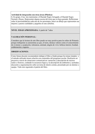 Actividad de integración con otras áreas (Plástica)
1. En grupo. Crea tres marionetas: el Duende Negro Arrugado, el Duende Negro
Normal y Rayas. Representar alguna escena del texto que os haya gustado. Reflexionar
sobre la personalidad de cada uno de los personajes, hacer un dibujo que representen sus
mejores y peores cualidades y pegarlas en una cartulina.
NIVEL /EDAD APROXIMADA: A partir de 7 años
VALORACIÓN PERSONAL:
Considero que la lectura de este libro puede ser muy positiva para los niños de Primaria
porque trabajarían su autoestima ya que, el texto, destaca valores como el conocimiento
de sí mismo y aceptación, tolerancia, amistad, alegría de vivir, belleza interior, bondad,
colaboración e ingenio.
OBSERVACIONES:
Como futura docente recomendaría trabajar el libro a fondo porque los temas tratados y
el método utilizado tienen relación con contenidos del programa escolar. Realizaría un
proyecto a través de situaciones comunicativas: narración y descripción de sucesos
reales o ficticios, cuidando la secuencia lógica y la descripción de ambientes y actitudes;
discusión y argumentación sobre un tema de interés común, presentado por un alumno o
equipo. Todo esto siguiendo el patrón del libro.
 