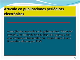 Artículo en publicaciones periódicas electrónicas Autor (fecha mostrada en la publicación).  Título del artículo . En titulo de revista   [tipo de soporte] , Mes ,año ( volumen) Disponible en  <especifique la vía> . (Consulta: dd,mm,aa). ISSN 