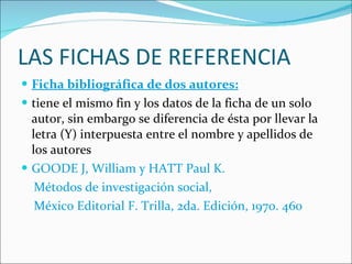 LAS FICHAS DE REFERENCIA Ficha bibliográfica de dos autores: tiene el mismo fin y los datos de la ficha de un solo autor, sin embargo se diferencia de ésta por llevar la letra (Y) interpuesta entre el nombre y apellidos de los autores GOODE J, William y HATT Paul K.  Métodos de investigación social,  México Editorial F. Trilla, 2da. Edición, 1970. 460 