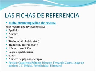 LAS FICHAS DE REFERENCIA Ficha Hemerográfica de revista Si se registra una revista se coloca : Apellido  Nombre  Año  Título: subtítulo (si existe)  Traductor, ilustrador, etc.  Número de edición.  Lugar de publicación  editor  Número de páginas, ejemplo:  Revista:  Cuadernos Políticos  Director: Fernando Castro. Lugar de edición: D.F, México. Periodicidad: Trimestral 