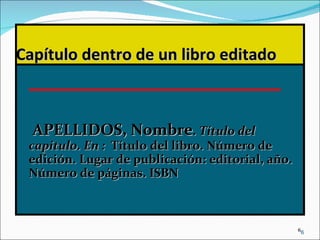 Capítulo dentro de un libro editado     APELLIDOS, Nombre .  Título del capitulo. En :  Título del libro. Número de edición. Lugar de publicación: editorial, año.  Número de páginas. ISBN  