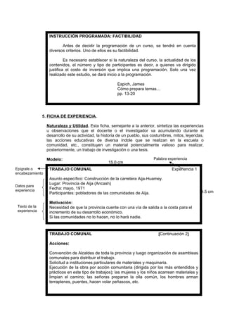 5. FICHA DE EXPERIENCIA.
Naturaleza y Utilidad. Esta ficha, semejante a la anterior, sintetiza las experiencias
u observaciones que el docente o el investigador va acumulando durante el
desarrollo de su actividad, la historia de un pueblo, sus costumbres, mitos, leyendas,
las acciones educativas de diversa índole que se realizan en la escuela o
comunidad, etc., constituyen un material potencialmente valioso para realizar,
posteriormente, un trabajo de investigación o una tesis.
Modelo:
9.5 cm
INSTRUCCIÓN PROGRAMADA: FACTIBILIDAD
Antes de decidir la programación de un curso, se tendrá en cuenta
diversos criterios. Uno de ellos es su factibilidad.
Es necesario establecer si la naturaleza del curso, la actualidad de los
contenidos, el número y tipo de participantes es decir, a quienes va dirigido
justifica el costo de inversión que implica una programación. Solo una vez
realizado este estudio, se dará inicio a la programación.
Espich, James
Cómo prepara temas…
pp. 13-20
TRABAJO COMUNAL Experiencia 1
Asunto específico: Construcción de la carretera Aija-Huamey.
Lugar: Provincia de Aija (Ancash)
Fecha: mayo, 1971
Participantes: pobladores de las comunidades de Aija.
Motivación:
Necesidad de que la provincia cuente con una vía de salida a la costa para el
incremento de su desarrollo económico.
Si las comunidades no lo hacen, no lo hará nadie.
TRABAJO COMUNAL [Continuación 2]
Acciones:
Convención de Alcaldes de toda la provincia y luego organización de asambleas
comunales para distribuir el trabajo.
Solicitud a instituciones particulares de materiales y maquinaria.
Ejecución de la obra por acción comunitaria (dirigida por los más entendidos y
prácticos en este tipo de trabajos); las mujeres y los niños acarrean materiales y
limpian el camino; las señoras preparan la olla común, los hombres arman
terraplenes, puentes, hacen volar peñascos, etc.
15.0 cm
Epígrafe o
encabezamiento
Palabra experiencia
Datos para
experiencia
Texto de la
experiencia
 