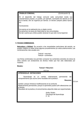 6. FICHAS COMBINADAS.
Naturaleza y Utilidad. De acuerdo a las necesidades particulares del estudio, se
pueden integrar en estas fichas algunos procedimientos ya vistos anteriormente. Las
combinaciones más usuales son:
Textual + resumen
Textual + comentario
Las fichas combinadas nos permiten comparar los contenidos extraídos de obras de
otros autores con anotaciones de diversa índole que han sido elaboradas por
nosotros.
Modelo:
Textual + Resumen
TRABAJO COMUNAL [Continuación 3]
En el desarrollo del trabajo comunal cada comunidad revela sus
características propias; un pueblo, por ejemplo, acompaña las labores al son
de la banda; otro se organiza por barrios; un tercero prepara platos típicos,
etc.
Conclusiones:
Se avanza en la realización de un objeto común.
Se estrechan los lazos de fraternidad en las comunidades.
Se dan cuenta que unidos pueden alcanzar lo que solo nunca lograrían.
APRENDIZAJE: DEFINICIONES
“Aprendizaje es un cambio relativamente permanente del
comportamiento que ocurre como resultado de la práctica”.
Resumen
Cambio: porque introduce modificaciones en la conducta.
Relativamente permanente: porque lo aprendido puede sufrir alteraciones con
el tiempo.
Resultado de la practica; el conocimientos adquirido debe ser experimentado.
Ardila, Rubén
Psicología del Aprendizaje
P. 18
15.0 cm
9.5 cm
 