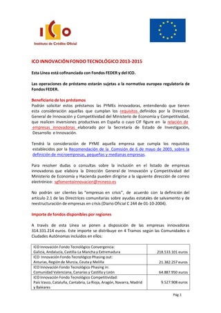 Pág.1
ICO INNOVACIÓN FONDO TECNOLÓGICO 2013-2015
Esta Línea está cofinanciada con Fondos FEDER y del ICO.
Las operaciones de préstamo estarán sujetas a la normativa europea regulatoria de
Fondos FEDER.
Beneficiario de los préstamos
Podrán solicitar estos préstamos las PYMEs innovadoras, entendiendo que tienen
esta consideración aquellas que cumplan los requisitos definidos por la Dirección
General de Innovación y Competitividad del Ministerio de Economía y Competitividad,
que realicen inversiones productivas en España o cuyo CIF figure en la relación de
empresas innovadoras elaborado por la Secretaría de Estado de Investigación,
Desarrollo e Innovación.
Tendrá la consideración de PYME aquella empresa que cumpla los requisitos
establecidos por la Recomendación de la Comisión de 6 de mayo de 2003, sobre la
definición de microempresas, pequeñas y medianas empresas.
Para resolver dudas o consultas sobre la inclusión en el listado de empresas
innovadoras que elabora la Dirección General de Innovación y Competitividad del
Ministerio de Economía y Hacienda pueden dirigirse a la siguiente dirección de correo
electrónico: sgfomentoinnovacion@mineco.es
No podrán ser clientes las “empresas en crisis”, de acuerdo con la definición del
artículo 2.1 de las Directrices comunitarias sobre ayudas estatales de salvamento y de
reestructuración de empresas en crisis (Diario Oficial C 244 de 01-10-2004).
Importe de fondos disponibles por regiones
A través de esta Línea se ponen a disposición de las empresas innovadoras
314.331.214 euros. Este importe se distribuye en 4 Tramos según las Comunidades o
Ciudades Autónomas incluidos en ellos:
ICO Innovación Fondo Tecnológico Convergencia:
Galicia, Andalucía, Castilla-La Mancha y Extremadura 218.533.101 euros
ICO Innovación Fondo Tecnológico Phasing out:
Asturias, Región de Murcia, Ceuta y Melilla 21.382.257 euros
ICO Innovación Fondo Tecnológico Phasing in:
Comunidad Valenciana, Canarias y Castilla y León 64.887.950 euros
ICO Innovación Fondo Tecnológico Competitividad:
País Vasco, Cataluña, Cantabria, La Rioja, Aragón, Navarra, Madrid
y Baleares
9.527.908 euros
 