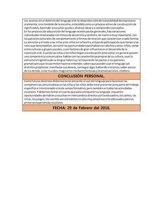 Los avancesenel dominiodel lenguaje oral nodependensólode laposibilidadde expresarse
oralmente,sinotambiénde laescucha,entendidacomounprocesoactivode construcciónde
significados.Aprenderaescucharayudaa afianzarideasya comprenderconceptos.
En losprocesosde adquisicióndel lenguaje existenpautasgenerales,hayvariaciones
individualesrelacionadasconritmosde desarrolloytambién,de maneramuyimportante,con
lospatronesculturalesde comportamientoyformasde relaciónque caracterizanacada familia.
La atenciónyel trato a las niñasylos niñosenlafamilia,el tipode participaciónque tienenylos
rolesque desempeñan,asícomolas oportunidadesparahablarcon adultosyotros niños,varían
entre culturasy grupossociales,ysonfactoresde gran influenciaenel desarrollode la
expresiónoral.Cuandolasniñasylosniñoslleganalaeducaciónpreescolar,engeneral poseen
una competenciacomunicativa:hablanconlascaracterísticaspropiasde su cultura,usanla
estructuralingüísticade sulenguamaternay lamayoría de laspautas o lospatrones
gramaticalesque lespermitenhacerse entender;sabenque puedenusarel lenguaje con
distintospropósitos:manifestarsusdeseos,conseguiralgo,hablarde símismos,saberacerca
de losdemás,crear mundosimaginariosmediantefantasíasydramatizaciones,etcétera.
CONCLUSIÓN PERSONAL.
Comofuturasdocentesdebemostenerpresente el usodel lenguajeparafavorecerlas
competenciascomunicativasenlasniñasylosniñosdebe estarpresentecomoparte del trabajo
específicoe intencionadoeneste campoformativo,perotambiénentodaslasactividades
escolares. Ydebemostomarencuentaque para enriquecersulenguaje, requieren
oportunidadesde hablaryescucharenintercambiosdirectosconlaeducadora;loscantos,las
rimas,losjuegos,loscuentossonelementosnosólomuyatractivossinoadecuadosparalas
primerasexperiencias escolares
FECHA: 29 de Febrero del 2016.
 