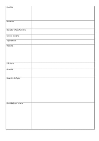 Conflito
Desfecho
Narrador e Foco Narrativo
GêneroLiterário
TipoTextual
Discurso
Estrutura
Assunto
BiografiadoAutor
OpiniãoSobre oLivro