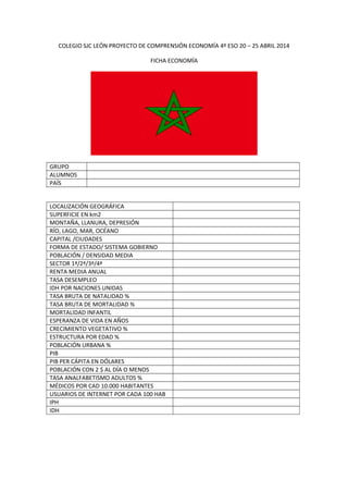 COLEGIO SJC LEÓN PROYECTO DE COMPRENSIÓN ECONOMÍA 4º ESO 20 – 25 ABRIL 2014
FICHA ECONOMÍA
GRUPO
ALUMNOS
PAÍS
LOCALIZACIÓN GEOGRÁFICA
SUPERFICIE EN km2
MONTAÑA, LLANURA, DEPRESIÓN
RÍO, LAGO, MAR, OCÉANO
CAPITAL /CIUDADES
FORMA DE ESTADO/ SISTEMA GOBIERNO
POBLACIÓN / DENSIDAD MEDIA
SECTOR 1ª/2ª/3ª/4ª
RENTA MEDIA ANUAL
TASA DESEMPLEO
IDH POR NACIONES UNIDAS
TASA BRUTA DE NATALIDAD %
TASA BRUTA DE MORTALIDAD %
MORTALIDAD INFANTIL
ESPERANZA DE VIDA EN AÑOS
CRECIMIENTO VEGETATIVO %
ESTRUCTURA POR EDAD %
POBLACIÓN URBANA %
PIB
PIB PER CÁPITA EN DÓLARES
POBLACIÓN CON 2 $ AL DÍA O MENOS
TASA ANALFABETISMO ADULTOS %
MÉDICOS POR CAD 10.000 HABITANTES
USUARIOS DE INTERNET POR CADA 100 HAB
IPH
IDH
 