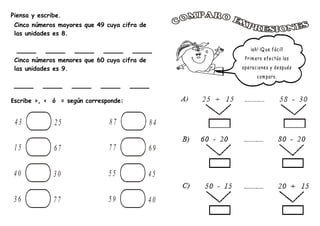Piensa y escribe.
Cinco números mayores que 49 cuya cifra de
las unidades es 8.
____ ____ ____ ____ ____
Cinco números menores que 60 cuya cifra de
las unidades es 9.
____ ____ ____ ____ ____
Escribe >, < ó = según corresponde:
43 25 87 84
15 67 77 69
40 30 55 45
36 77 59 40
¡ah! ¡Q ue fácil!
Primero efectúo las
operaciones y después
comparo.
 