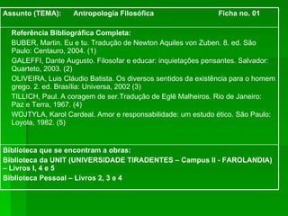 Biblioteca que se encontram a obras:  Biblioteca da UNIT (UNIVERSIDADE TIRADENTES – Campus II - FAROLANDIA) – Livros I, 4 e 5 Biblioteca Pessoal – Livros 2, 3 e 4 Referência Bibliográfica Completa: BUBER, Martin. Eu e tu. Tradução de Newton Aquiles von Zuben. 8. ed. São Paulo: Centauro, 2004. (1) GALEFFI, Dante Augusto. Filosofar e educar: inquietações pensantes. Salvador: Quarteto, 2003. (2) OLIVEIRA, Luis Cláudio Batista. Os diversos sentidos da existência para o homem grego .  2. ed. Brasília: Universa, 2002 (3) TILLICH, Paul. A coragem de ser . Tradução de Eglê Malheiros. Rio de Janeiro: Paz e Terra, 1967. (4) WOJTYLA, Karol Cardeal. Amor e responsabilidade: um estudo ético. São Paulo: Loyola, 1982. (5) Assunto (TEMA):  Antropologia Filosófica  Ficha no. 01 