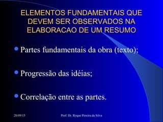 20/09/15 Prof. Dr. Roque Pereira da Silva
ELEMENTOS FUNDAMENTAIS QUEELEMENTOS FUNDAMENTAIS QUE
DEVEM SER OBSERVADOS NADEVEM SER OBSERVADOS NA
ELABORACAO DE UM RESUMOELABORACAO DE UM RESUMO
Partes fundamentais da obra (texto);
Progressão das idéias;
Correlação entre as partes.
 