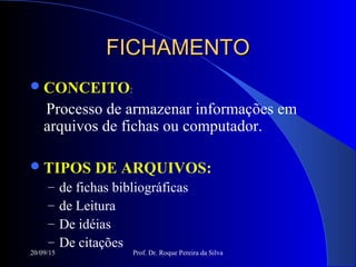 20/09/15 Prof. Dr. Roque Pereira da Silva
FICHAMENTOFICHAMENTO
CONCEITO:
Processo de armazenar informações em
arquivos de fichas ou computador.
TIPOS DE ARQUIVOS:
– de fichas bibliográficas
– de Leitura
– De idéias
– De citações
 
