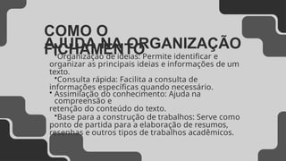 COMO O
FICHAMENTO
AJUDA NA ORGANIZAÇÃO
•Organização de ideias: Permite identificar e
organizar as principais ideias e informações de um
texto.
•Consulta rápida: Facilita a consulta de
informações específicas quando necessário.
• Assimilação do conhecimento: Ajuda na
compreensão e
retenção do conteúdo do texto.
•Base para a construção de trabalhos: Serve como
ponto de partida para a elaboração de resumos,
resenhas e outros tipos de trabalhos acadêmicos.
 