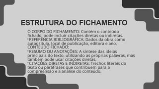 O CORPO DO FICHAMENTO: Contém o conteúdo
fichado, pode incluir citações diretas ou indiretas.
• REFERÊNCIA BIBLIOGRÁFICA: Dados da obra como
autor, titulo, local de publicação, editora e ano.
CONTEUDO FICHADO:
• RESUMO OU ANOTAÇÕES: A síntese das ideias
principais do texto, utilizando as próprias palavras, mas
também pode usar citações diretas.
• CITAÇÕES DIRETAS E INDIRETAS: Trechos literais do
texto ou paráfrases que contribuem para a
compreensão e a analise do conteúdo.
ESTRUTURA DO FICHAMENTO
 