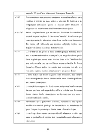   12	
  
na qual o “Uruguai” e os “diamantes” fazem parte do enredo.
p. 540 Compreendemos que, com esta passagem, a narrativa colabora para
construir o sentido de que, tantos as disputas de fronteira e as
competições comerciais, quanto as alianças entre brasileiros e
uruguaios, são recorrentes nas relações entre os dois povos.
p. 541-542 Assim, compreendemos que na formação discursiva da narrativa o
povo de origem hispânica é visto como “escória”. Acreditamos que
essas representações são construídas desde os discursos fundadores
dos países, sob influência das matrizes coloniais ibéricas que
disputavam entre si o domínio deste território.
p. 548 (...) “a tradição do gaúcho é nossa também porque demorou muito
para se acertar as fronteiras na campanha, os uruguaios dizem que lá
é que surgiu o gauchismo, mas a verdade é que o Rio Grande do Sul
tem muita mescla com os castelhanos, como na família do Bento
Gonçalves. Mesmo assim, eu entendo que a amizade com eles era
vista como tradição mesmo, ainda hoje se vê um pouco disso”.
p. 548 O meu marido fez muitos negócios com brasileiros, mas sempre
ficava alerta para que não se aproveitassem e eles também pareciam
ter a mesma preocupação.
p. 549 (...) nós já fizemos parte do Brasil, somos amigos dos brasileiros mas
tivemos que lutar pela nossa independência e ainda hoje de outras
formas estamos ligados e dependemos um do outro, mas nem sempre
somos tratados como irmãos.
p. 549 Percebemos que a perspectiva histórica, representada em alguma
medida na narrativa, participa da desconstrução do estereótipo de
que o Uruguai é o país amigo e de que essa é a fronteira da paz.
p. 550 (...) ao longo destes estudo havíamos identificado outras ocasiões nas
quais as produções de sentido dos entrevistados contradisseram o
estereótipo.
 