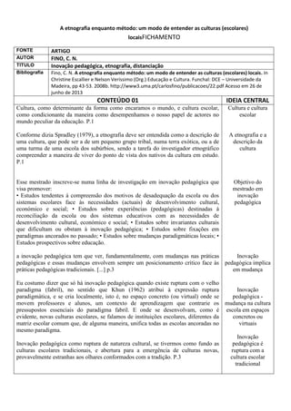 A etnografia enquanto método: um modo de entender as culturas (escolares)
locaisFICHAMENTO
FONTE ARTIGO
AUTOR FINO, C. N.
TITULO Inovação pedagógica, etnografia, distanciação
Bibliografia Fino, C. N. A etnografia enquanto método: um modo de entender as culturas (escolares) locais. In
Christine Escallier e Nelson Veríssimo (Org.) Educação e Cultura. Funchal: DCE – Universidade da
Madeira, pp 43-53. 2008b. http://www3.uma.pt/carlosfino/publicacoes/22.pdf Acesso em 26 de
junho de 2013
CONTEÚDO 01 IDEIA CENTRAL
Cultura, como determinante da forma como encaramos o mundo, e cultura escolar,
como condicionante da maneira como desempenhamos o nosso papel de actores no
mundo peculiar da educação. P.1
Conforme dizia Spradley (1979), a etnografia deve ser entendida como a descrição de
uma cultura, que pode ser a de um pequeno grupo tribal, numa terra exótica, ou a de
uma turma de uma escola dos subúrbios, sendo a tarefa do investigador etnográfico
compreender a maneira de viver do ponto de vista dos nativos da cultura em estudo.
P.1
Esse mestrado inscreve-se numa linha de investigação em inovação pedagógica que
visa promover:
• Estudos tendentes à compreensão dos motivos de desadequação da escola ou dos
sistemas escolares face às necessidades (actuais) de desenvolvimento cultural,
económico e social; • Estudos sobre experiências (pedagógicas) destinadas à
reconciliação da escola ou dos sistemas educativos com as necessidades de
desenvolvimento cultural, económico e social; • Estudos sobre invariantes culturais
que dificultam ou obstam à inovação pedagógica; • Estudos sobre fixações em
paradigmas ancorados no passado; • Estudos sobre mudanças paradigmáticas locais; •
Estudos prospectivos sobre educação.
a inovação pedagógica tem que ver, fundamentalmente, com mudanças nas práticas
pedagógicas e essas mudanças envolvem sempre um posicionamento crítico face às
práticas pedagógicas tradicionais. [...] p.3
Eu costumo dizer que só há inovação pedagógica quando existe ruptura com o velho
paradigma (fabril), no sentido que Khun (1962) atribui à expressão ruptura
paradigmática, e se cria localmente, isto é, no espaço concreto (ou virtual) onde se
movem professores e alunos, um contexto de aprendizagem que contrarie os
pressupostos essenciais do paradigma fabril. E onde se desenvolvam, como é
evidente, novas culturas escolares, se falamos de instituições escolares, diferentes da
matriz escolar comum que, de alguma maneira, unifica todas as escolas ancoradas no
mesmo paradigma.
Inovação pedagógica como ruptura de natureza cultural, se tivermos como fundo as
culturas escolares tradicionais, e abertura para a emergência de culturas novas,
provavelmente estranhas aos olhares conformados com a tradição. P.3
Cultura e cultura
escolar
A etnografia e a
descrição da
cultura
Objetivo do
mestrado em
inovação
pedagógica
Inovação
pedagógica implica
em mudança
Inovação
pedagógica -
mudança na cultura
escola em espaços
concretos ou
virtuais
Inovação
pedagógica é
ruptura com a
cultura escolar
tradicional
 