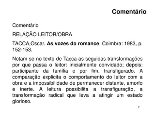 Comentário 
Comentário 
RELAÇÃO LEITOR/OBRA 
TACCA,Oscar. As vozes do romance. Coimbra: 1983, p. 
152-153. 
Notam-se no texto de Tacca as seguidas transformações 
por que passa o leitor: inicialmente convidado; depois: 
participante da família e por fim, transfigurado. A 
comparação explicita o comportamento do leitor com a 
obra e a impossibilidade de permanecer distante, amorfo 
e inerte. A leitura possibilita a transfiguração, a 
transformação radical que leva a atingir um estado 
glorioso. 
7 
 