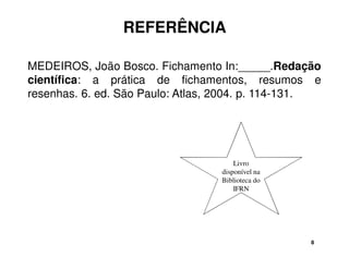 REFERÊNCIA 
MEDEIROS, João Bosco. Fichamento In:_____.Redação 
científica: a prática de fichamentos, resumos e 
resenhas. 6. ed. São Paulo: Atlas, 2004. p. 114-131. 
Livro 
disponível na 
Biblioteca do 
IFRN 
8 
