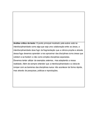 Análise crítica do texto: O ponto principal mostrado pela autora está na
interdisciplinaridade como algo que seja uma colaboração entre as áreas, a
interdisciplinaridade deve fugir da fragmentação que a ciência propõe e através
dessa fuga devemos aprender a nos aproximar das disciplinas como áreas que
colidem e se fundem e não como simples disciplinas separadas.
Devemos tentar utilizar de exemplos externos, mas adaptando a nossa
realidade. Além de sempre entender que a interdisciplinaridade e a ideia de
romper com as barreiras das disciplinas nunca irão acontecer de forma rápida,
mas através de pesquisas, práticas e reproduções.
 