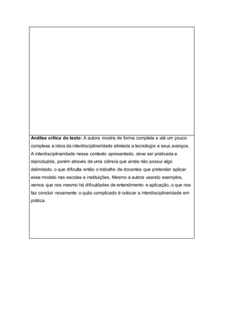 Análise crítica do texto: A autora mostra de forma completa e até um pouco
complexa a ideia da interdisciplinaridade atrelada a tecnologia e seus avanços.
A interdisciplinaridade nesse contexto apresentado, deve ser praticada e
reproduzida, porém através de uma ciência que ainda não possui algo
delimitado, o que dificulta então o trabalho de docentes que pretender aplicar
esse modelo nas escolas e instituições. Mesmo a autora usando exemplos,
vemos que nos mesmo há dificuldades de entendimento e aplicação, o que nos
faz concluir novamente o quão complicado é colocar a interdisciplinaridade em
prática.
 