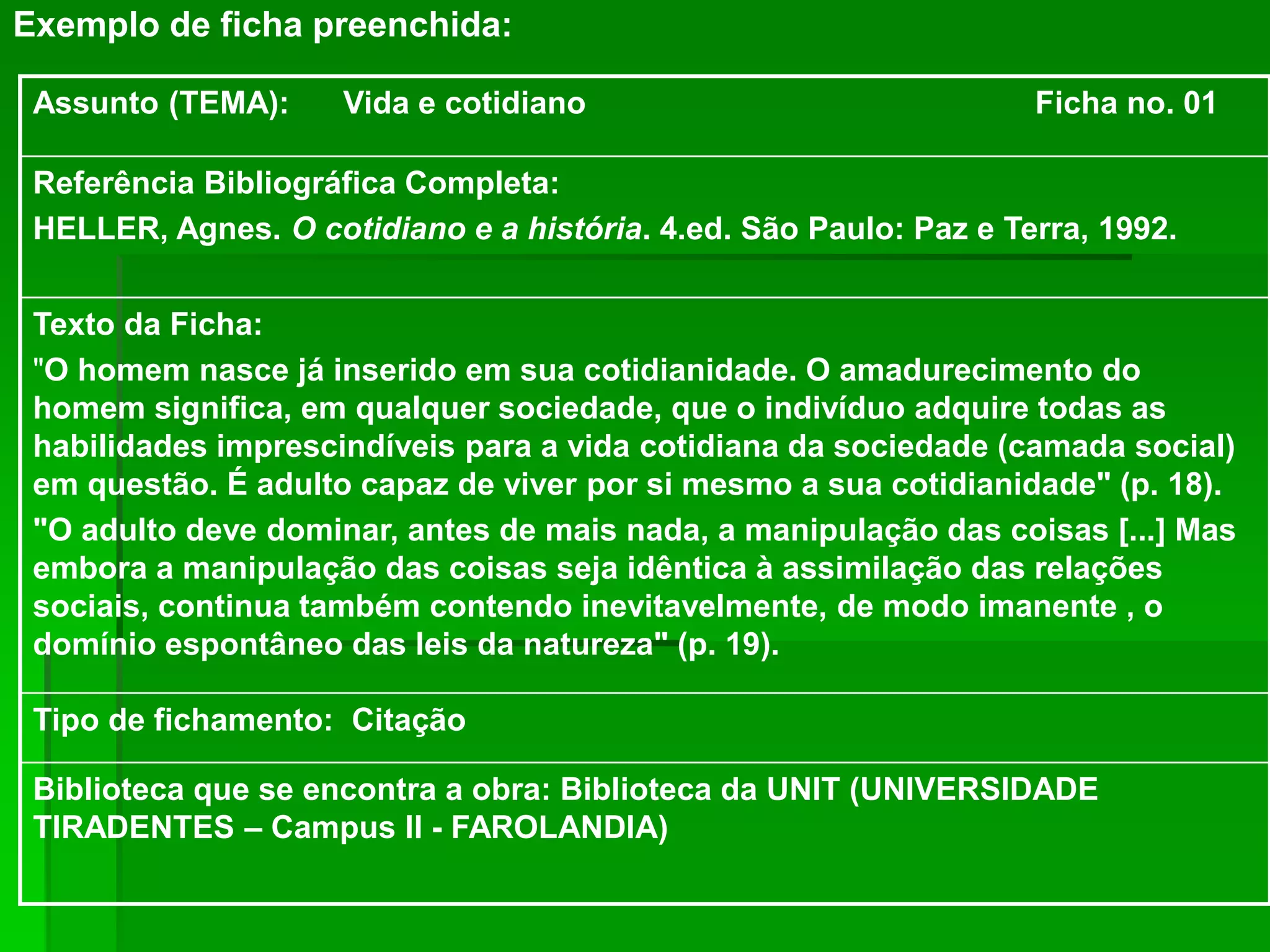 Exemplo de ficha preenchida:
Assunto (TEMA): Vida e cotidiano Ficha no. 01
Referência Bibliográfica Completa:
HELLER, Agnes. O cotidiano e a história. 4.ed. São Paulo: Paz e Terra, 1992.
Texto da Ficha:
"O homem nasce já inserido em sua cotidianidade. O amadurecimento do
homem significa, em qualquer sociedade, que o indivíduo adquire todas as
habilidades imprescindíveis para a vida cotidiana da sociedade (camada social)
em questão. É adulto capaz de viver por si mesmo a sua cotidianidade" (p. 18).
"O adulto deve dominar, antes de mais nada, a manipulação das coisas [...] Mas
embora a manipulação das coisas seja idêntica à assimilação das relações
sociais, continua também contendo inevitavelmente, de modo imanente , o
domínio espontâneo das leis da natureza" (p. 19).
Tipo de fichamento: Citação
Biblioteca que se encontra a obra: Biblioteca da UNIT (UNIVERSIDADE
TIRADENTES – Campus II - FAROLANDIA)
 