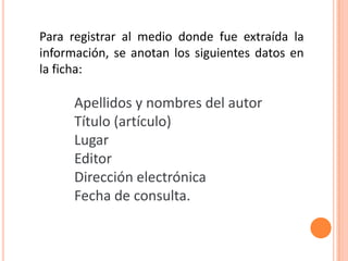 Para registrar al medio donde fue extraída la
información, se anotan los siguientes datos en
la ficha:

      Apellidos y nombres del autor
      Título (artículo)
      Lugar
      Editor
      Dirección electrónica
      Fecha de consulta.
 