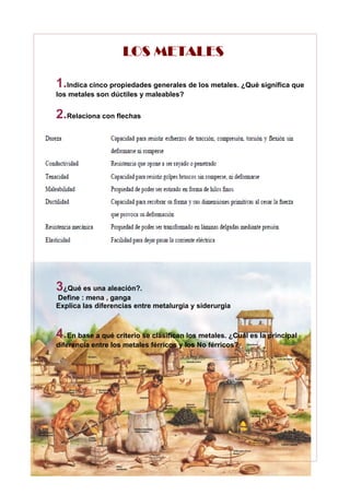 LOS METALES

     1.Indica cinco propiedades generales de los metales. ¿Qué significa que
     los metales son dúctiles y maleables?


     2.Relaciona con flechas




     3¿Qué es una aleación?.
     Define : mena , ganga
     Explica las diferencias entre metalurgia y siderurgia



     4.En base a qué criterio se clasifican los metales. ¿Cuál es la principal
     diferencia entre los metales férricos y los No férricos?
4.
 