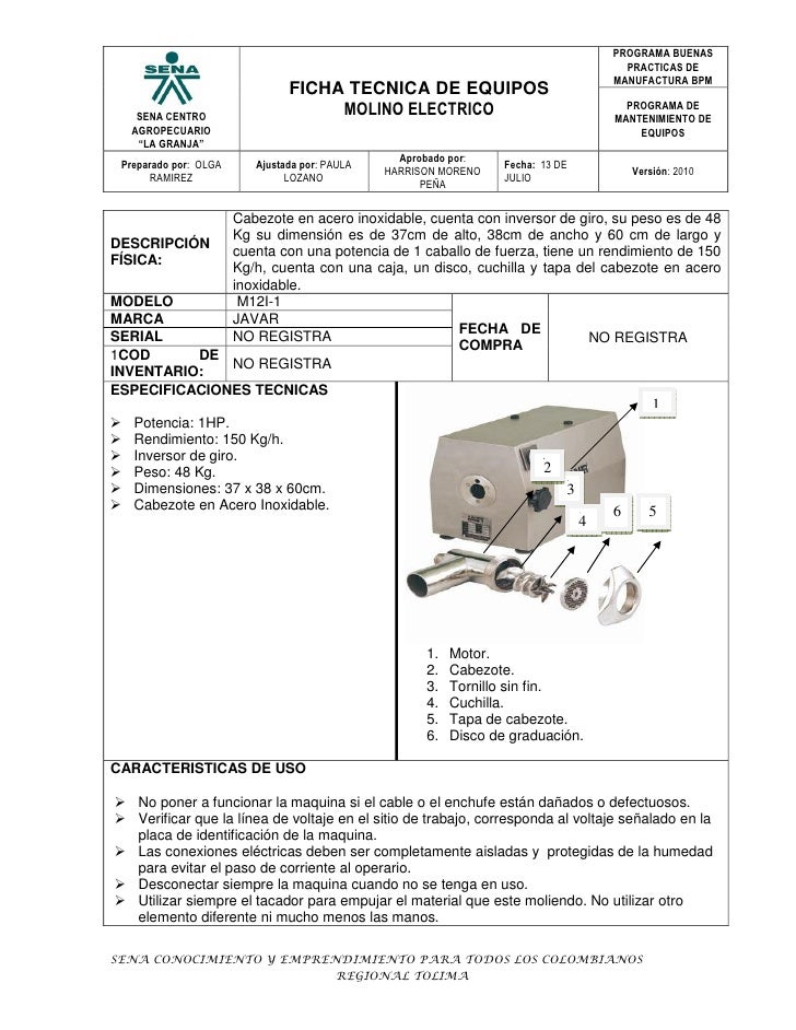 Ficha molino electrico