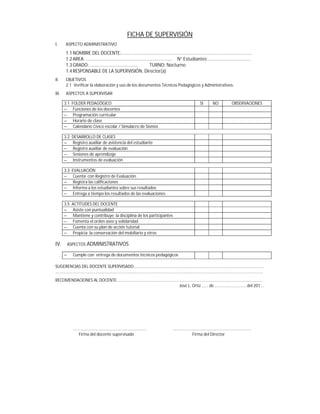 FICHA DE SUPERVISIÓN
I. ASPECTO ADMINISTRATIVO
1.1NOMBRE DEL DOCENTE:.........................................................................................................
1.2AREA: ...................................................................... N° Estudiantes:…................................
1.3GRADO:....................................... TURNO: Nocturno
1.4RESPONSABLE DE LA SUPERVISIÓN: Director(a)
II. OBJETIVOS
2.1 Verificar la elaboración y uso de los documentos Técnicos Pedagógicos y Administrativos.
III. ASPECTOS A SUPERVISAR
3.1 FOLDER PEDAGÓGICO SI NO OBSERVACIONES
— Funciones de los docentes
— Programación curricular
— Horario de clase
— Calendario Cívico escolar / Simulacro de Sismos
3.2 DESARROLLO DE CLASES
— Registro auxiliar de asistencia del estudiante
— Registro auxiliar de evaluación
— Sesiones de aprendizaje
— Instrumentos de evaluación
3.3 EVALUACIÓN
— Cuenta con Registro de Evaluación.
— Registra las calificaciones
— Informa a los estudiantes sobre sus resultados
— Entrega a tiempo los resultados de las evaluaciones
3.5 ACTITUDES DEL DOCENTE
— Asiste con puntualidad
— Mantiene y contribuye la disciplina de los participantes
— Fomenta el orden aseo y solidaridad
— Cuenta con su plan de acción tutorial
— Propicia la conservación del mobiliario y otros
IV. ASPECTOS ADMINISTRATIVOS
— Cumple con entrega de documentos técnicos pedagógicos
SUGERENCIAS DEL DOCENTE SUPERVISADO:....................................................................................................................
..........................................................................................................................................................................................
RECOMENDACIONES AL DOCENTE:..................................................................................................................................
José L. Ortiz ,….. de ............................ del 201….
.................................................................. ......................................................................
Firma del docente supervisado Firma del Director
 