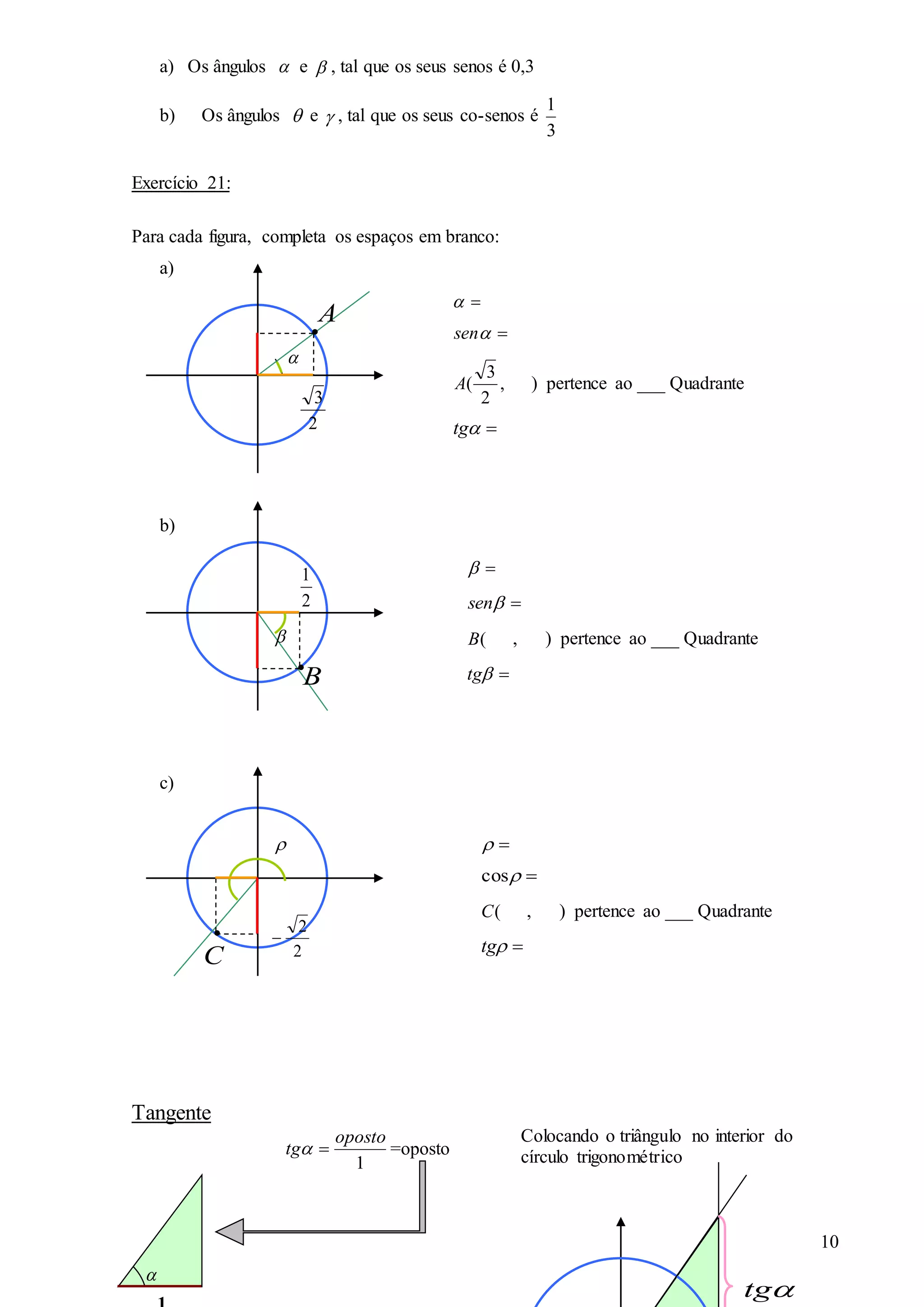 10
a) Os ângulos  e  , tal que os seus senos é 0,3
b) Os ângulos  e  , tal que os seus co-senos é
3
1
Exercício 21:
Para cada figura, completa os espaços em branco:
a)
b)
c)
Tangente

2
3
●
A

sen
,
2
3
(A ) pertence ao ___ Quadrante
tg

2
1 
sen
(B , ) pertence ao ___ Quadrante
tg●
B
C
 
cos
(C , ) pertence ao ___ Quadrante
tg
●
2
2


1
oposto
tg  =oposto
Colocando o triângulo no interior do
círculo trigonométrico
tg
 